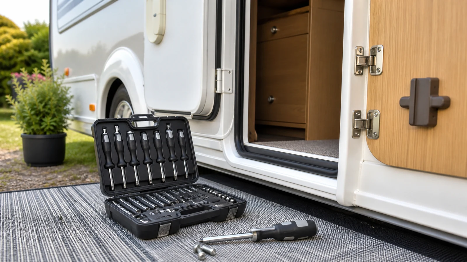 Hard-case screwdriver kit ready for a caravan season-start check