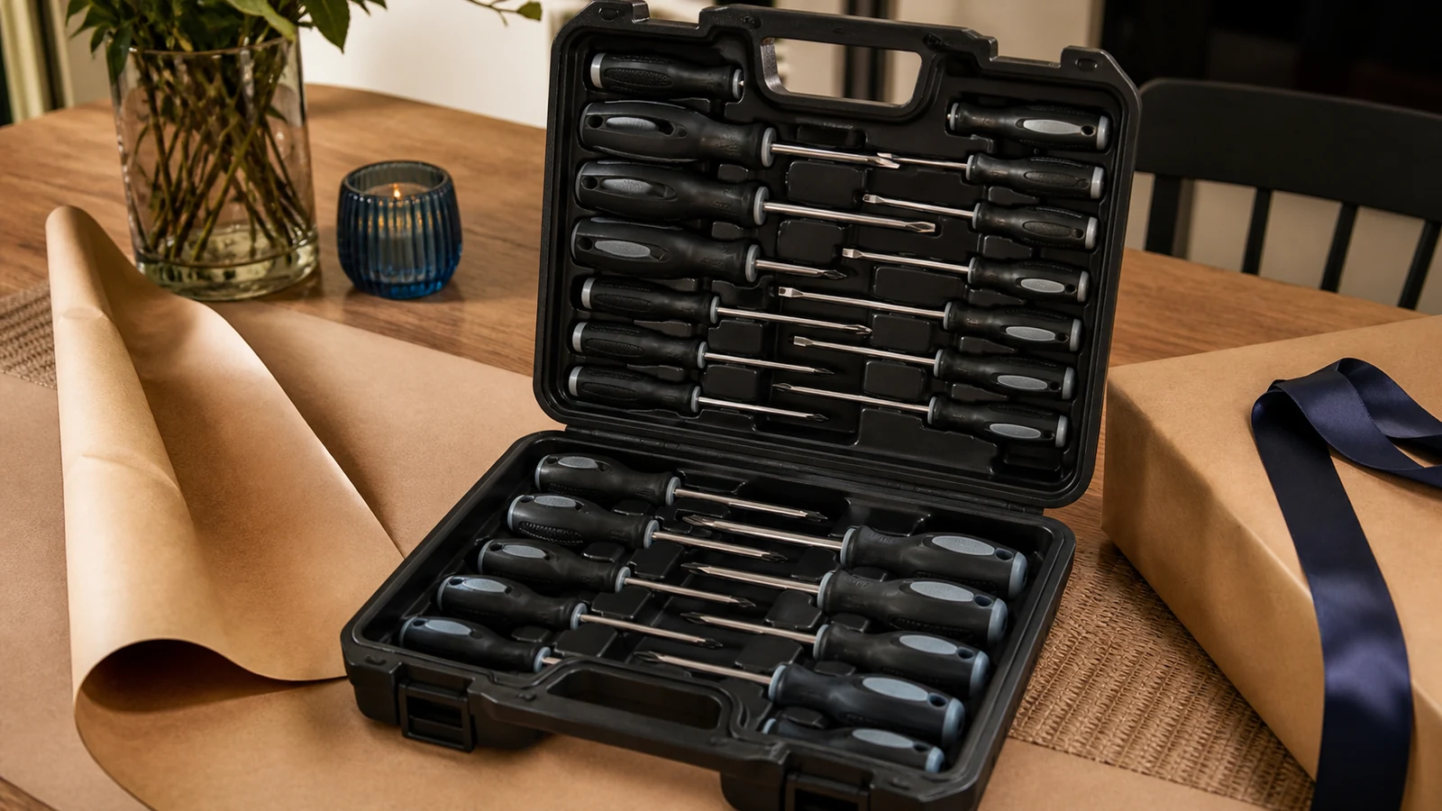 Open hard-case screwdriver set presented as a practical UK gift
