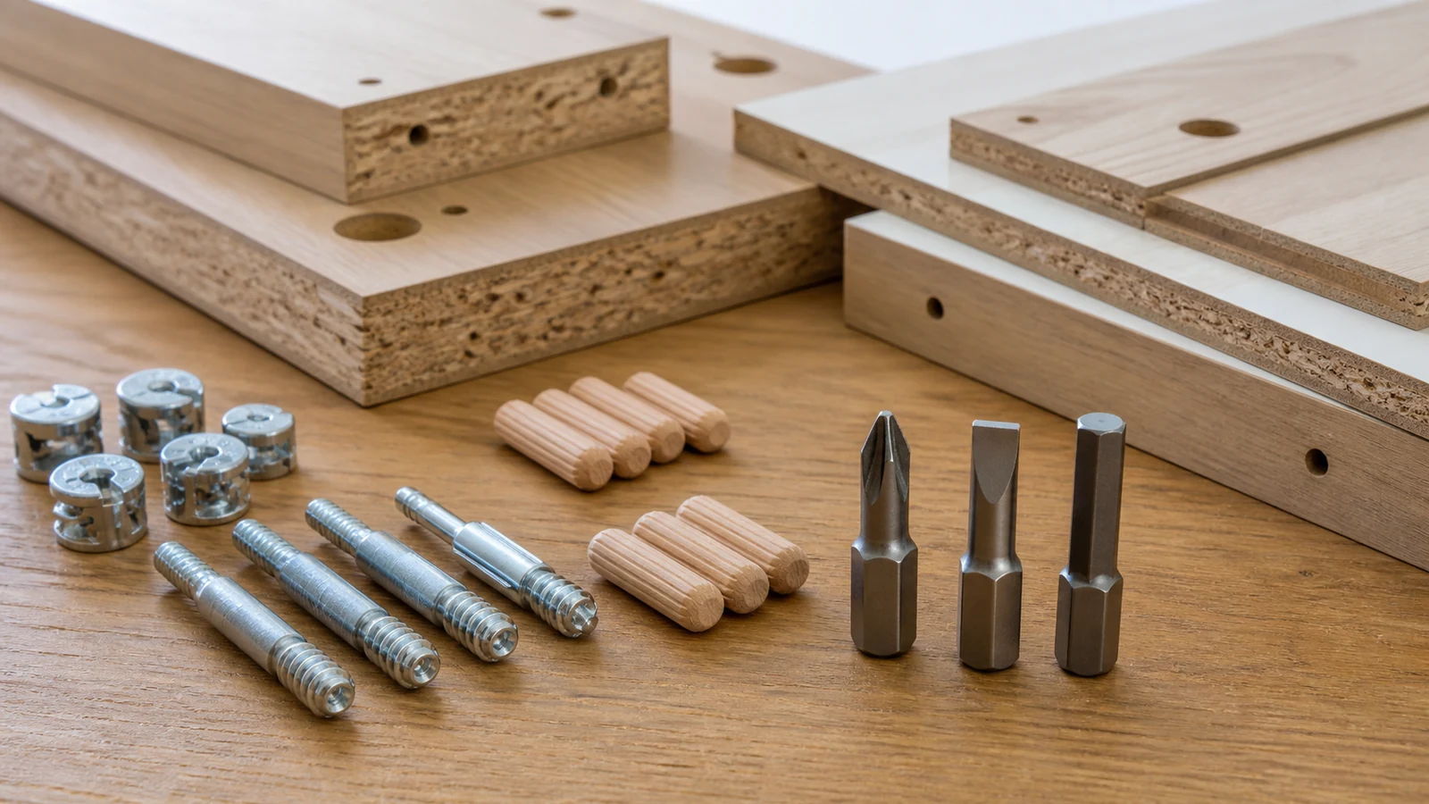 Flat-pack furniture fasteners and screwdriver bits arranged before assembly