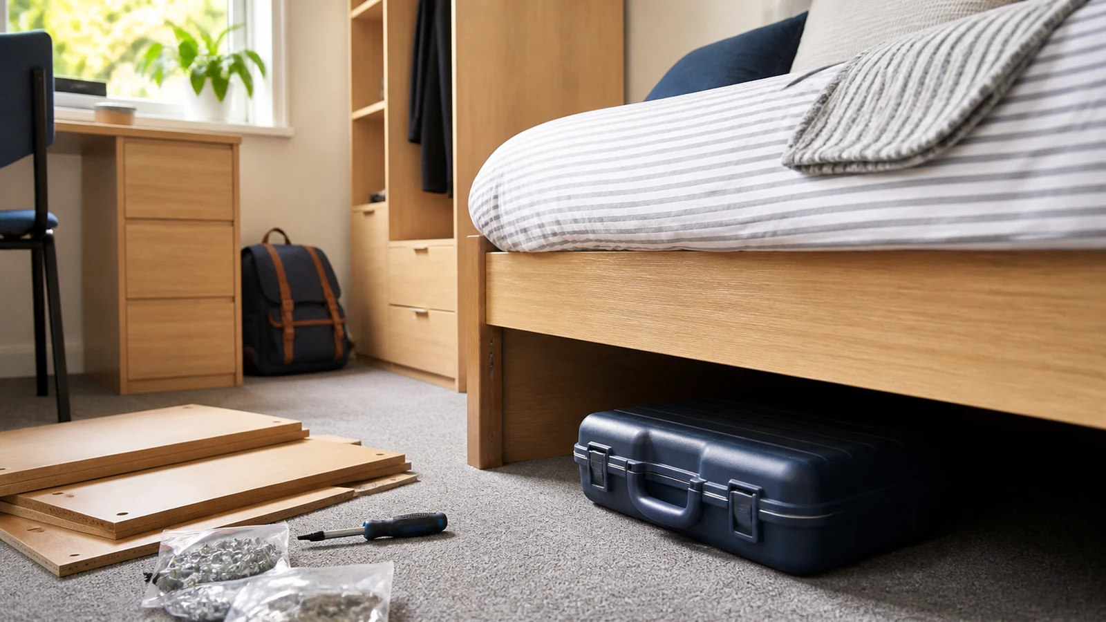 Hard-case screwdriver kit stored under a student bed beside flat-pack parts