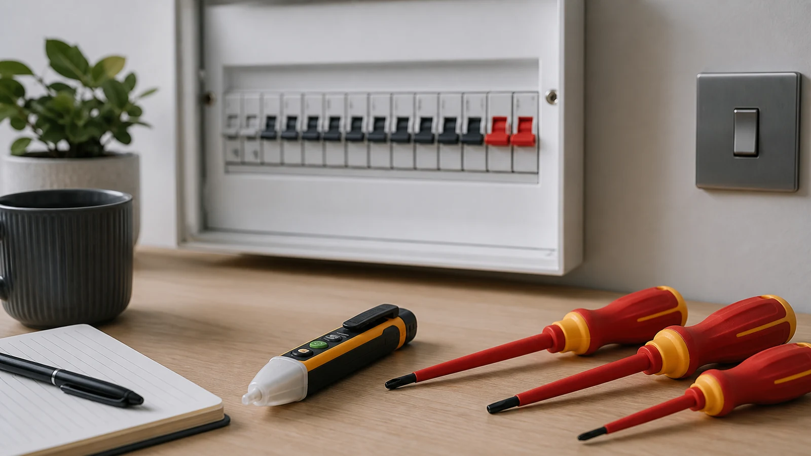 Voltage tester and insulated screwdrivers laid out before deciding on light switch work